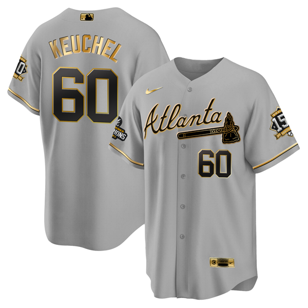 Men's Atlanta Braves #60 Dallas Keuchel 2021 Grey/Gold World Series Champions With 150th Anniversary Patch Cool Base Stitched Jersey